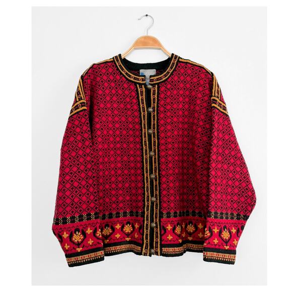 Squaw Valley Scandinavian Wool Knit Cardigan in Red Nordic Floral Fair Isle - Picture 1 of 8